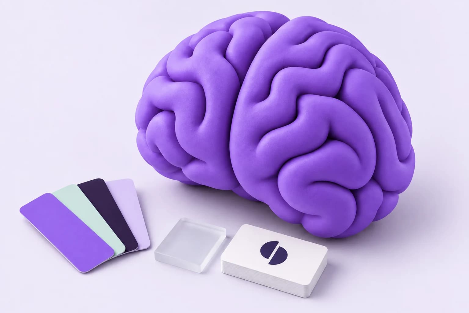A sculptural purple brain surrounded by a brand palette and design assets